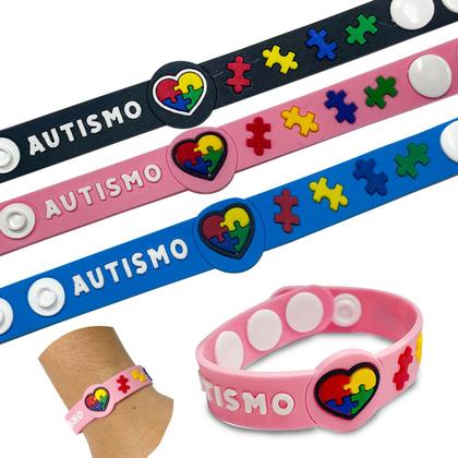 Imagem de Pulseira infantil emborrachada com regulagem pai mãe de autista identificação autismo 3 unidades