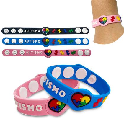 Imagem de Pulseira infantil emborrachada com regulagem pai mãe de autista identificação autismo 3 unidades