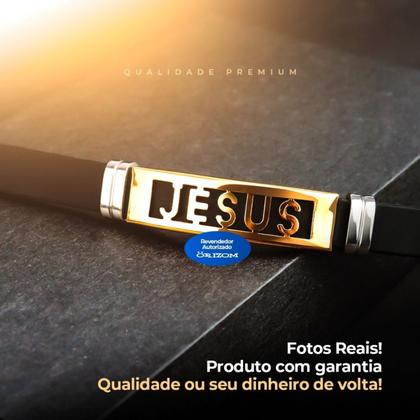 Imagem de Pulseira Jesus Cristo Dourada Masculina Aço Banhada + Caixa moda masculina social religiosa casual original preta