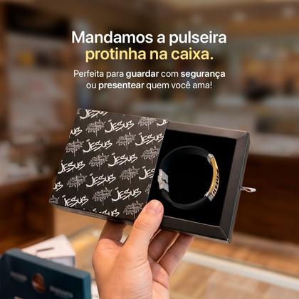 Imagem de Pulseira Jesus Cristo Dourada Masculina Aço Banhada + Caixa moda masculina social religiosa casual original preta