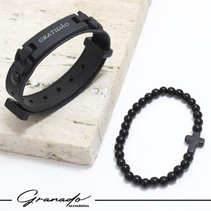 Imagem de Pulseira Kit 02 GRATIDÃO Preto Fecho Strap Plug Ajustável Cruz e Esferas