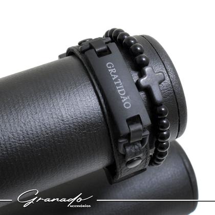 Imagem de Pulseira Kit 02 GRATIDÃO Preto Fecho Strap Plug Ajustável Cruz e Esferas