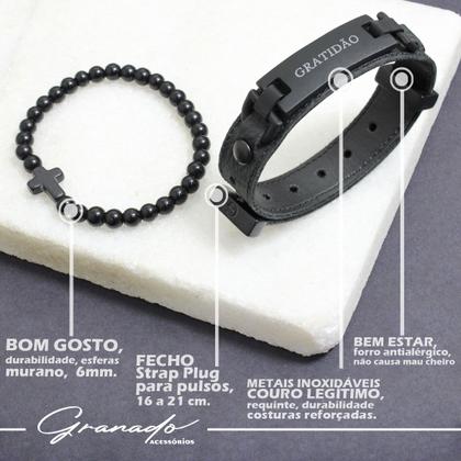 Imagem de Pulseira Kit 02 GRATIDÃO Preto Fecho Strap Plug Ajustável Cruz e Esferas