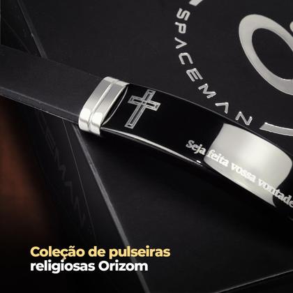 Imagem de pulseira masculina aço inox pai nosso placa presente preto casual qualidade premium social silicone