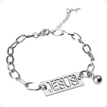 Imagem de pulseira masculina aço inoxidável prata + pingente jesus religiosa oração social qualidadde premium