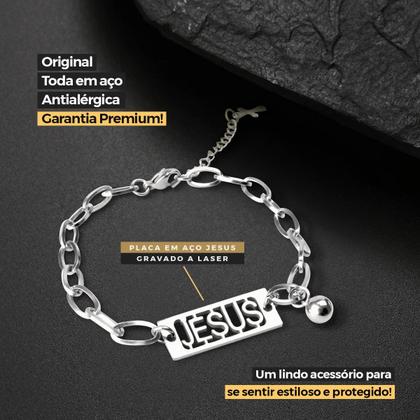 Imagem de pulseira masculina aço inoxidável prata + pingente jesus religiosa oração social qualidadde premium