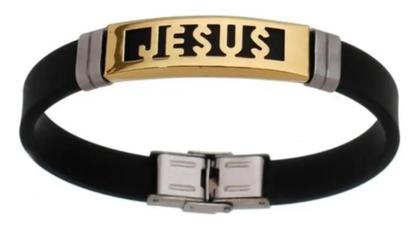 Imagem de Pulseira masculina Dourada Jesus em aço Borracha Resistente