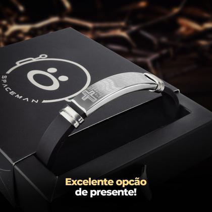 Imagem de Pulseira masculina pai nosso placa prata aço inox + caixa silicone ajustavel casual estilosa social