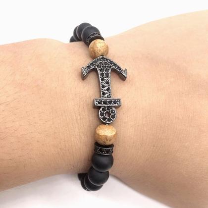 Imagem de Pulseira Masculina Pedra Ágata Matte Com Âncora Preta
