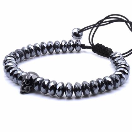 Imagem de Pulseira Masculina Pedra Hematita Facetada Pingente Caveira