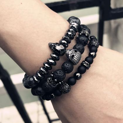 Imagem de Pulseira Masculina Pedra Hematita Facetada Pingente Caveira