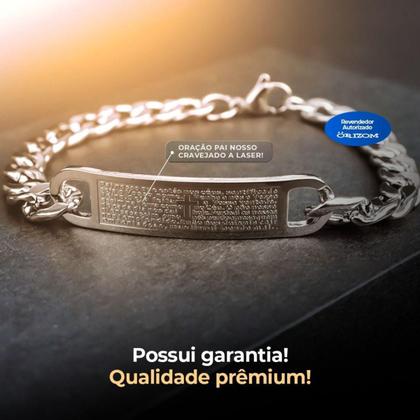 Imagem de Pulseira Masculina Prata Aço Inox Oração Pai Religiao +