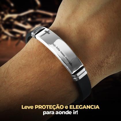 Imagem de Pulseira masculina prata placa aço inox pai nosso + caixa