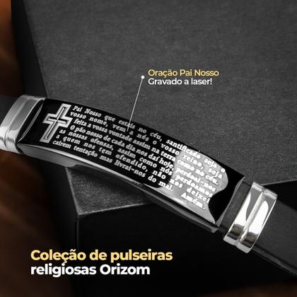 Imagem de pulseira masculina preta placa aço inox pai nosso caixa silicone moda masculina social ajustavel presente original