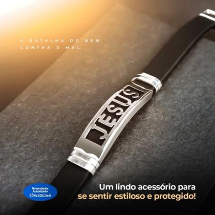 Imagem de pulseira masculino jesus placa prata aço inoxidavel + caixa qualidade premium religioso social casual cristo catolico