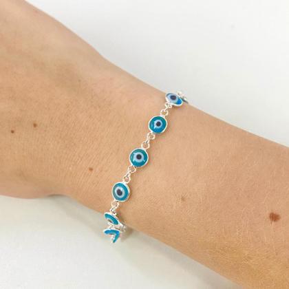 Imagem de Pulseira Olho Turco / Grego Azul Claro Prata 925 Legítima