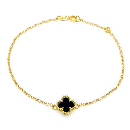 Imagem de Pulseira Portuguesa Em Ouro 18k Com Trevo Onix Natural Pingente 4 Folhas Bracelete Elo Português Feminina