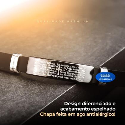 Imagem de Pulseira preta oração pai nosso placa silicone masculina casual estilosa social religiosa original