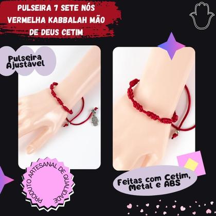 Imagem de Pulseira Sete Nós Vermelha Kabbalah Mão de Deus Cetim
