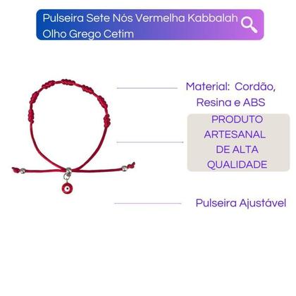 Imagem de Pulseira Sete Nós Vermelha Kabbalah Olho Grego Cetim 30g