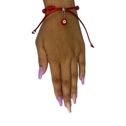 Imagem de Pulseira Sete Nós Vermelha Kabbalah Olho Grego Cetim 30g