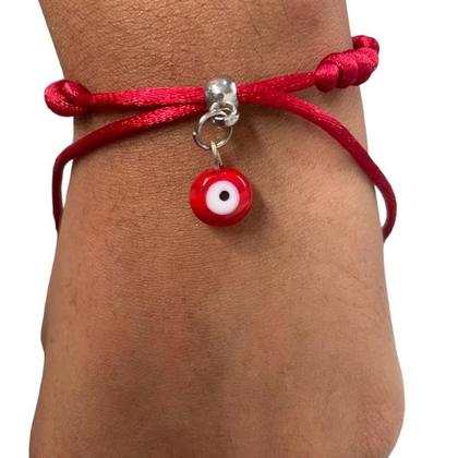 Imagem de Pulseira Sete Nós Vermelha Kabbalah Olho Grego Cetim 30g