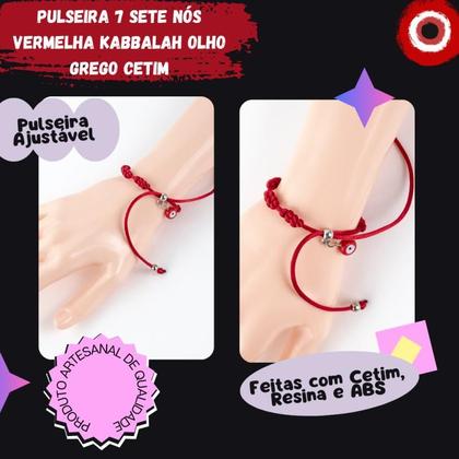 Imagem de Pulseira Sete Nós Vermelha Kabbalah Olho Grego Cetim