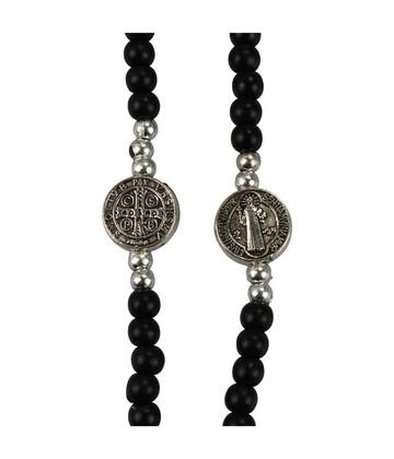 Imagem de Pulseira Terço Contas Pretas / Cinza e Branco 0.5cm Crucifixo 7.5cm