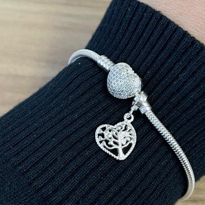 Imagem de Pulseira Trava Berloque Arvore Vida Fecho Coração Prata 925
