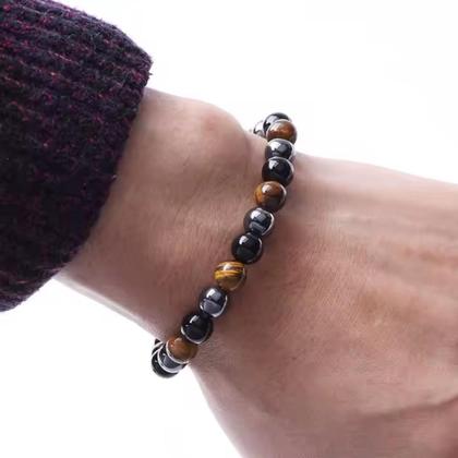 Imagem de Pulseira Tripla Proteção Hematita Ônix Olho de Tigre 8mm Pedra Natural Unisex