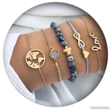 Pulseiras 5 Peças Love Mundo Infinito Tartaruga Cinza P3665 - Maxxdecor Imagem de Pulseiras 5 Peças Love Mundo Infinito Tartaruga Cinza P3665