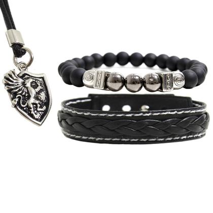 Imagem de Pulseiras Masculinas  COURO TRANÇADO Kit C / 02 + Colar Hipogrifo Mitologia