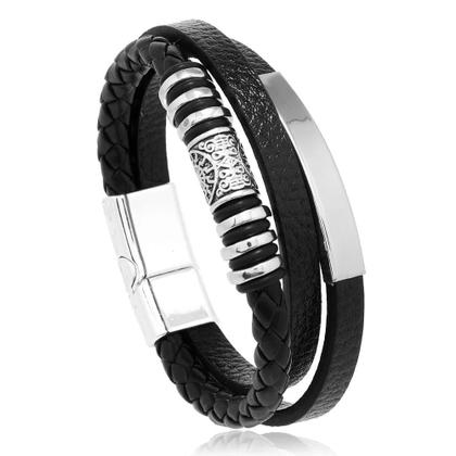 Imagem de Pulseiras Masculinas de Couro e Aço Inoxidável - Trançadas Multicamadas (21cm)