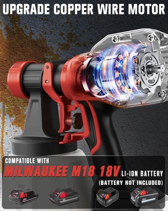 Imagem de Pulverizador de Tinta Sem Fio Houselife - Compatível com Bateria Milwaukee M18 18V - 5 Bicos de Cobre