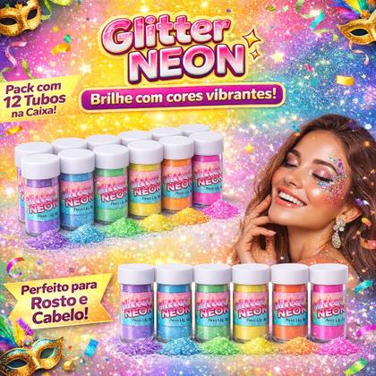 Imagem de Purpurina Neon Glitter Colorido 12 Tubos 6 Cores Festa Carnaval Maquiagem Fantasia