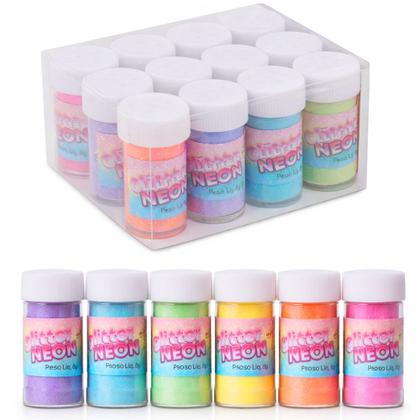 Imagem de Purpurina Neon Glitter Colorido 12 Tubos 6 Cores Festa Carnaval Maquiagem Fantasia