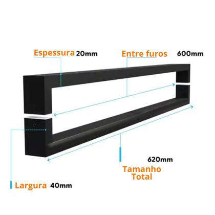 Imagem de Puxador porta duplo alça 600 mm (60 cm) inox preto fosco 40x20 mm madeira vidro e aluminio