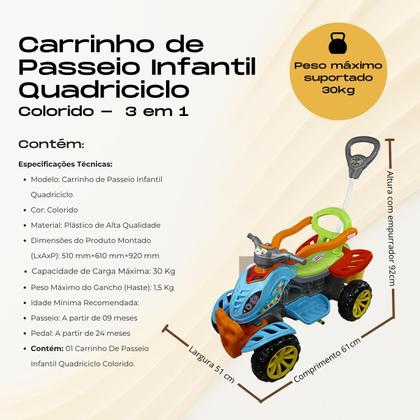Imagem de Quadriciclo Carrinho de Passeio Com Pedal Andador Infantil Com Empurrador Jipe Totoka Bebê Criança