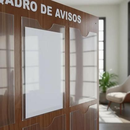 Imagem de Quadro Aviso e Gestão 6 Displays A4 ACM Madeira Imbuia Painel Porta Folha Organização Parede Mural Lembrete Recado Empresa Escritório Profissional