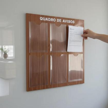 Imagem de Quadro Aviso e Gestão 6 Displays A4 ACM Madeira Imbuia Painel Porta Folha Organização Parede Mural Lembrete Recado Empresa Escritório Profissional