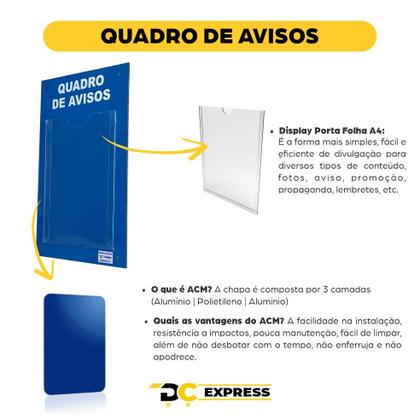 Imagem de Quadro Aviso e Gestão Á Vista 1 Display A4 ACM Azul Telecom Painel Mural Recados Lembretes Organização Profissional Parede Empresa Industria