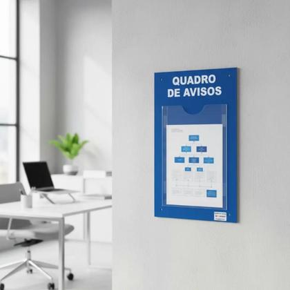 Imagem de Quadro Aviso e Gestão Á Vista 1 Display A4 ACM Azul Telecom Painel Mural Recados Lembretes Organização Profissional Parede Empresa Industria