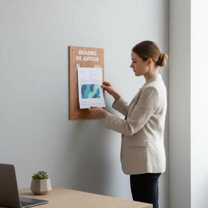 Imagem de Quadro Aviso e Gestão Á Vista 1 Display A4 ACM Madeira Imbuia Resistente Profissional Mural Recados Lembretes Empresa Parede Escritório