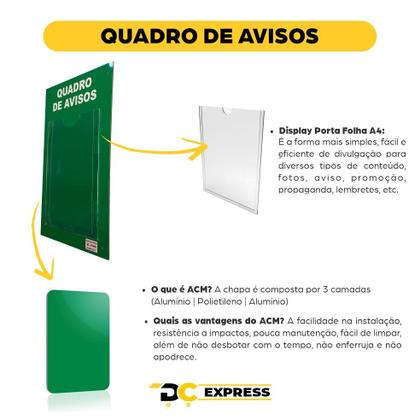 Imagem de Quadro Aviso e Gestão Á Vista 1 Display A4 ACM Verde Painel Mural Recados Lembretes Profissional Parede Organização Empresa Escritório Academia