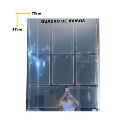 Imagem de Quadro Aviso E Gestão Á Vista Premium 8 Displays A4 ACM Prata Espelhado Organização Painel Mural Recados Lembretes Empresa Escritório Academia