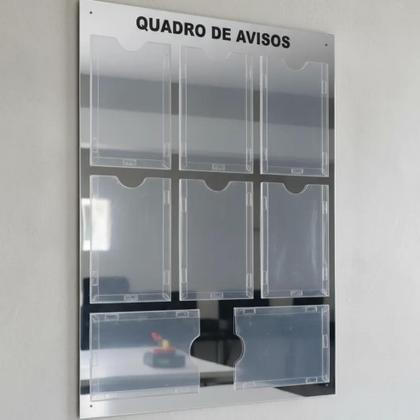 Imagem de Quadro Aviso E Gestão Á Vista Premium 8 Displays A4 ACM Prata Espelhado Organização Painel Mural Recados Lembretes Empresa Escritório Academia