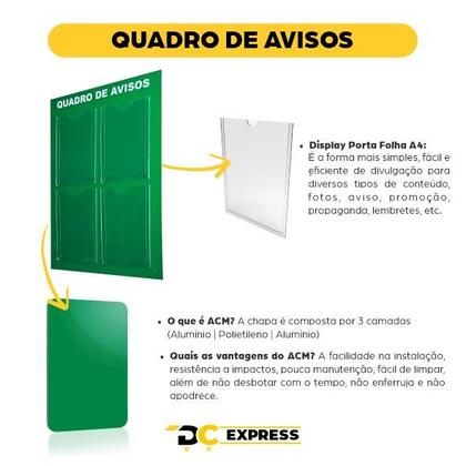 Imagem de Quadro Aviso Gestão Á Vista 4 Displays Transparente A4 Acm Verde Parede Organização Porta Folha Mural Recado Lembrete Empresa Condomínio Academia