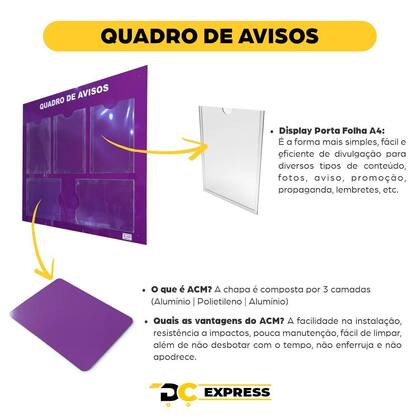 Imagem de Quadro Aviso Gestão Á Vista 5 Displays A4 Acm Roxo Painel Mural Porta Folhas Lembretes Organização Recados Parede Empresa Escritório Condomínio