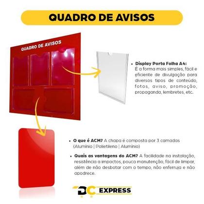 Imagem de Quadro Aviso Gestão Á Vista 5 Displays A4 Acm Vermelho Painel Decorativo Mural Recados Porta Folha Organização Empresa Parede Escritório Condomínio
