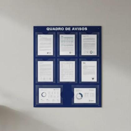 Imagem de Quadro Aviso Gestão à Vista 8 Displays A4 ACM Azul Organização Profissional Comunicação Interna Parede Escritório Empresa Painel Recado Lembrete Mural